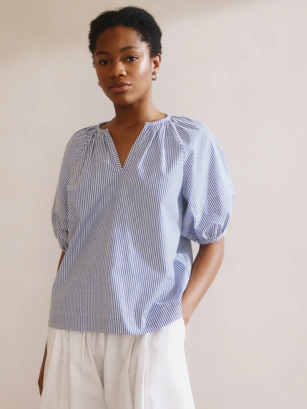 Albaray Organic Cotton Blue Ticking Striped Blouse Top Size 10 Puff Sleeve